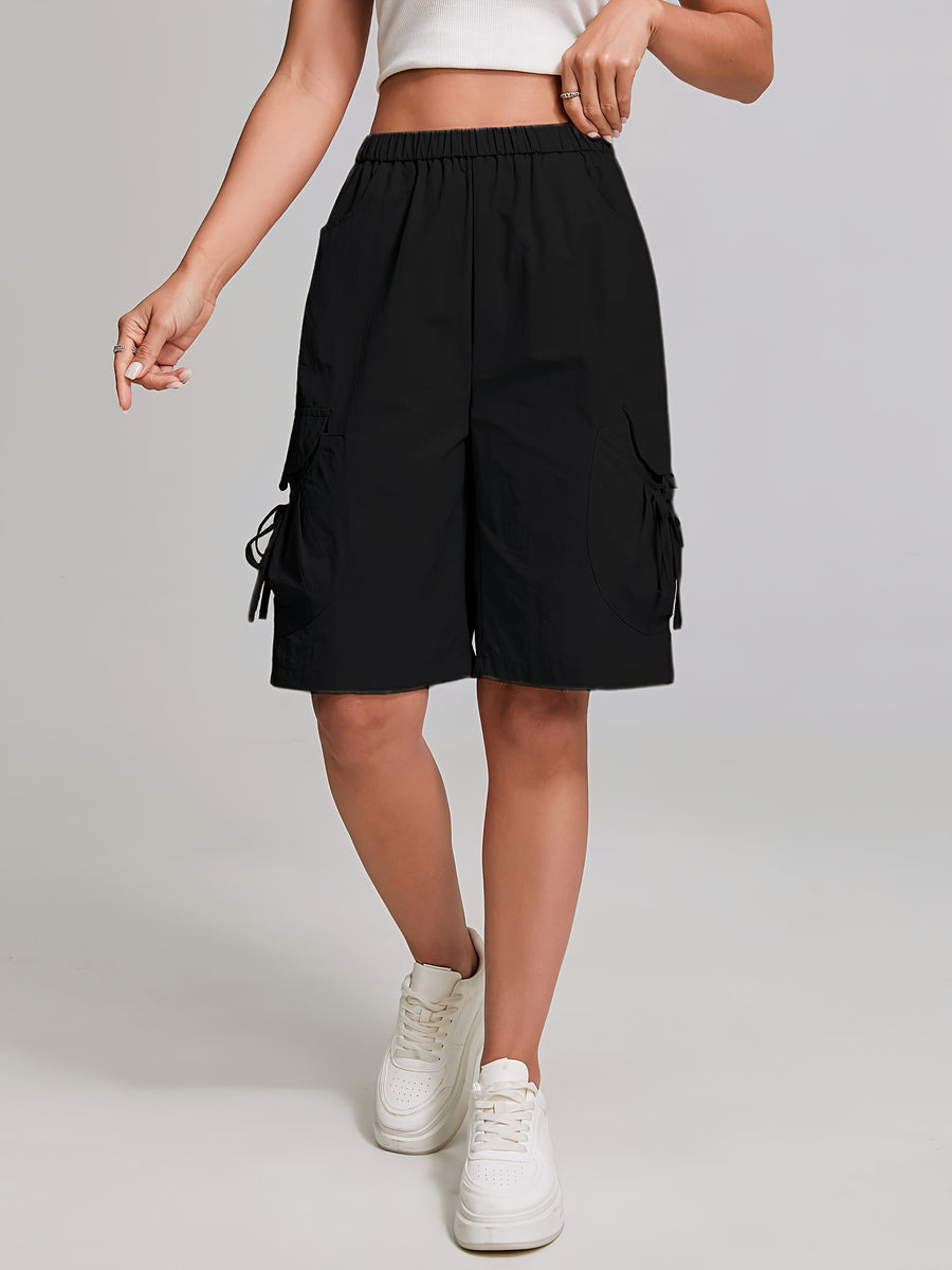 Women'S American-Style Quick-Dry Cargo Pants with Large Pockets, High-Waisted, Casual Straight-Leg, Knee-Length Shorts with Elastic Waistband, Machine Washable - Black