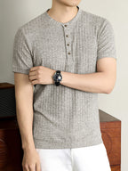 Men'S 2026 New Summer Short Sleeve, Vertical Rib Knit, Regular Fit Casual Top, Easy And Fashionable for Daily Wear, Business Commute, Vacation And Weekend Leisure - Ash