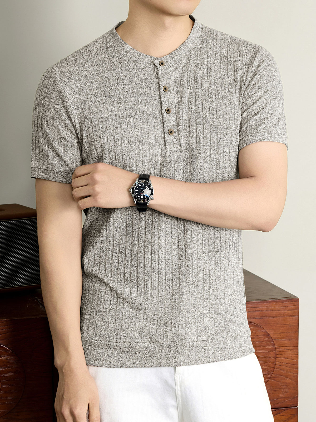 Men'S 2026 New Summer Short Sleeve, Vertical Rib Knit, Regular Fit Casual Top, Easy And Fashionable for Daily Wear, Business Commute, Vacation And Weekend Leisure - Ash