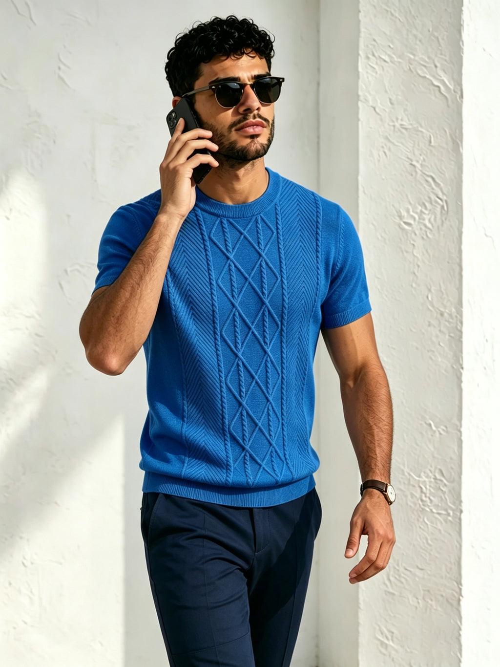 New Men S Solid Diamond-pattern Crew Neck Knit Short Sleeve Top for Casual & Sport Looks, Wearable in Spring, Fall and Winter as Standalone Outfit or Base Layer. Ultra-soft High-grade Fabric, Safe to Wear Next to Skin. - Royal Blue