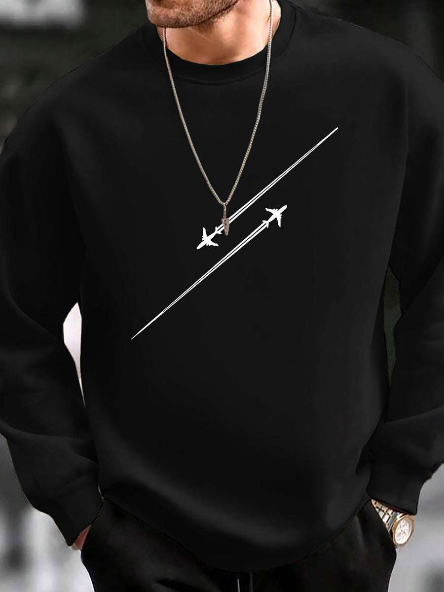 This Pullover Features a Round Neck And a Stylish Airplane Print, Making It a Versatile And Fashionable Choice for Casual Sportswear. It'S a Trendy Long-Sleeve Sweatshirt Suitable for Outdoor Activities, Perfect for Autumn And Winter Men'S Fashion - Black