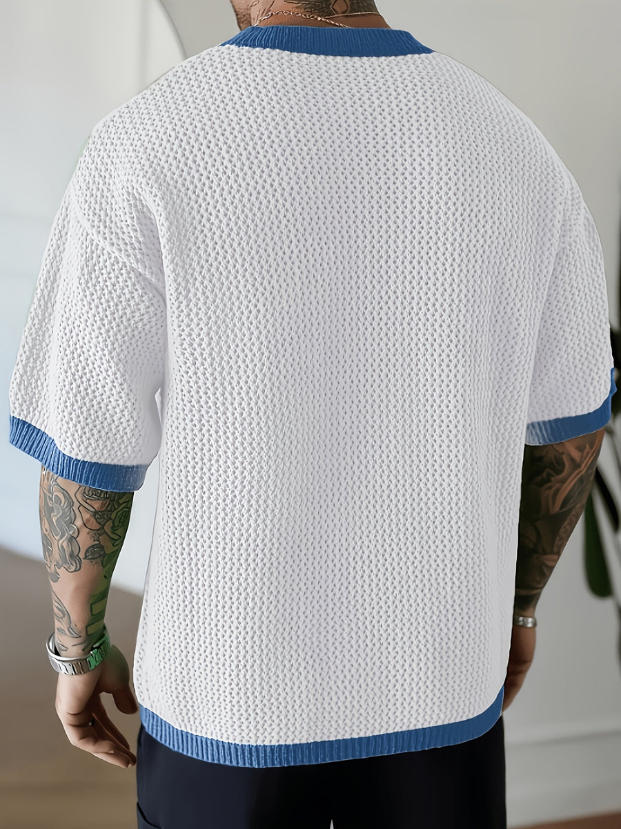 Men's Trendy Spring/summer Sporty Casual Knit Top, V-neck Color-blocked Number Design Loose Knit Pullover, Suitable for Sports and Fitness, Casual and Versatile. - White