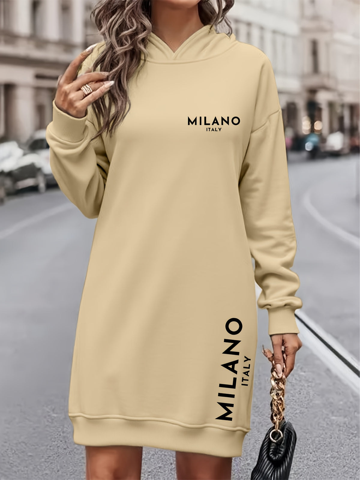 Women'S Fashion Letter Print Hooded Dress, Women'S Fall Winter Premium Trendy Street Style Age-Reducing Fleece Color-Block Hooded Sweatshirt Casual Top, Casual Versatile Hoodie, Jacket, Pullover Shirt, Long Sleeve Sweater, Elegant - Apricot