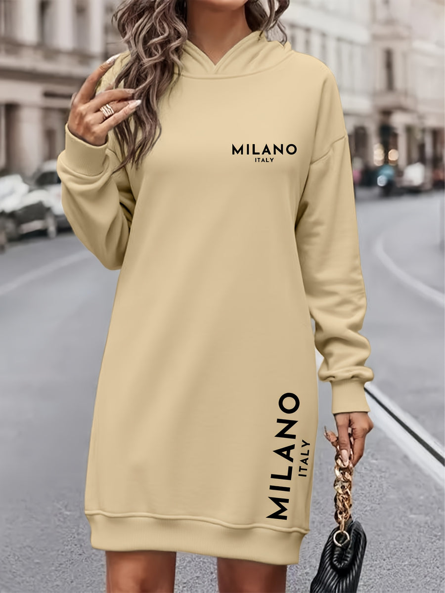Women'S Fashion Letter Print Hooded Dress, Women'S Fall Winter Premium Trendy Street Style Age-Reducing Fleece Color-Block Hooded Sweatshirt Casual Top, Casual Versatile Hoodie, Jacket, Pullover Shirt, Long Sleeve Sweater, Elegant - Apricot