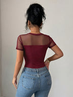 Golden Label Style Summer New Fashionable Easy Elegant Solid Color Mesh Spliced Short Sleeve Round Neck Slim Fit Bodysuit Women Women'S Elegant Mesh Spliced Round Neck Short Sleeve Slim Fit Bodysuit, Spring/Summer Style - Burgundy