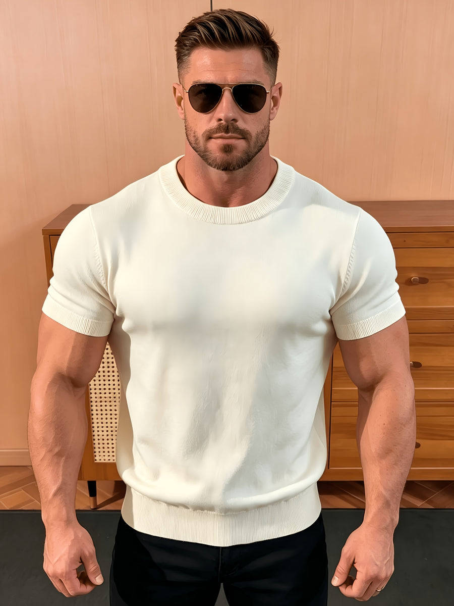 Men'S 2026 Summer Short Sleeve Round Neck Knit T-Shirt, Solid Soft Fine Knit Regular Fit Casual Top, Easy Fashion Breathable Tee, Suitable for Daily Wear, Business Commute, Vacation And Weekend Leisure - Apricot