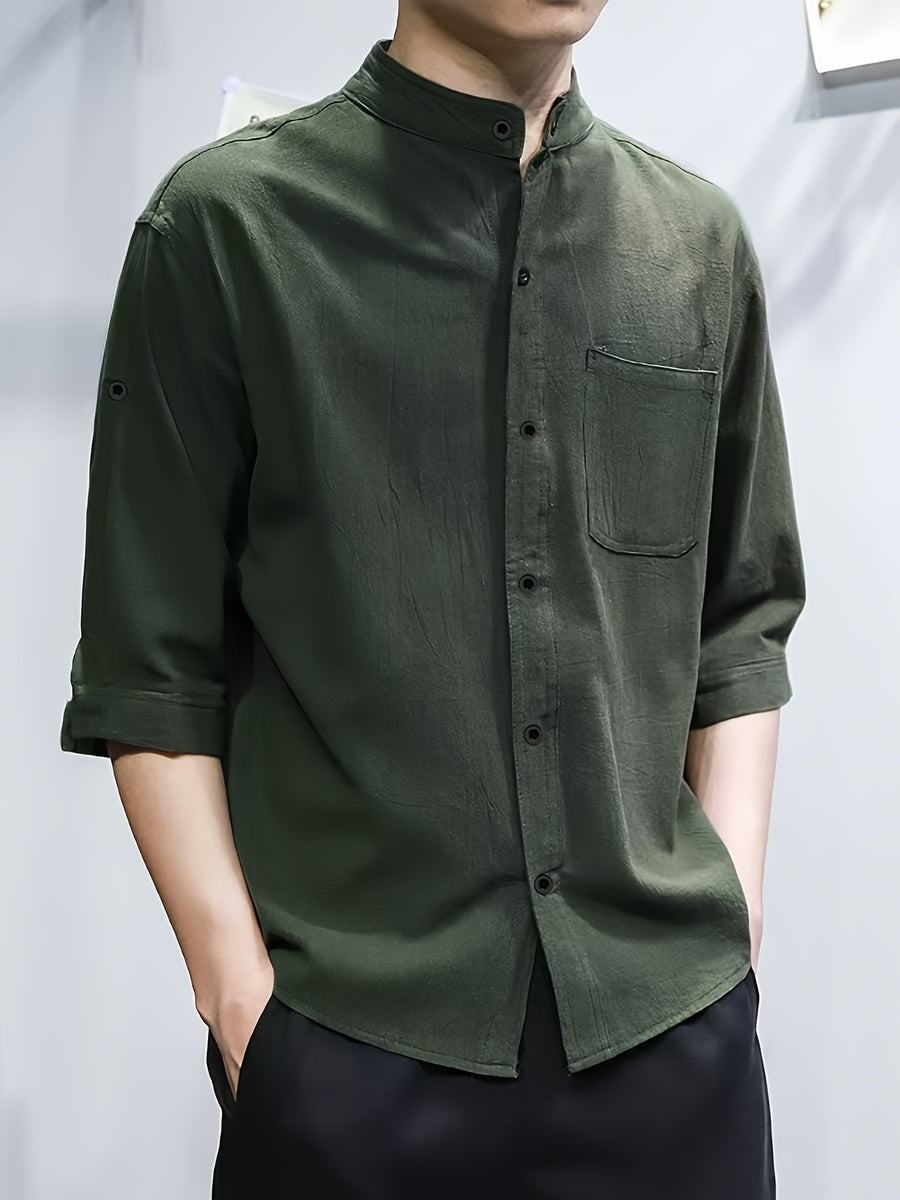 New Loose-fitting Chinese-style Stand-up Collar Men's Shirt, Comfortable and Breathable Linen Men's Mid-length Sleeve Shirt, Simple and Versatile Men's Casual Shirt. - Olive Green