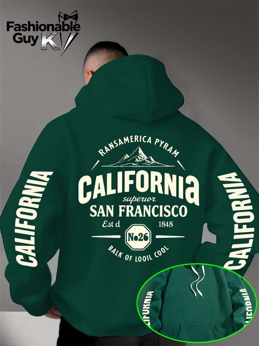 Hooded Sweatshirt with Street Culture Symbols: Featuring a "CALIFORNIA" Print That Embodies the Grandeur of the Wilderness and the Pioneering Spirit, This Sweatshirt Serves as an Exclusive Symbol for Street Culture Enthusiasts to Connect - Green