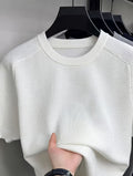 Striped Round Neck Short Sleeve Sweater T-Shirt - Loose Fit Breathable Knit Top, Suitable for All-Season Layering, Casual Blouse for Innerwear or Outerwear, Hand Washable Minimalist Wardrobe Essential - White