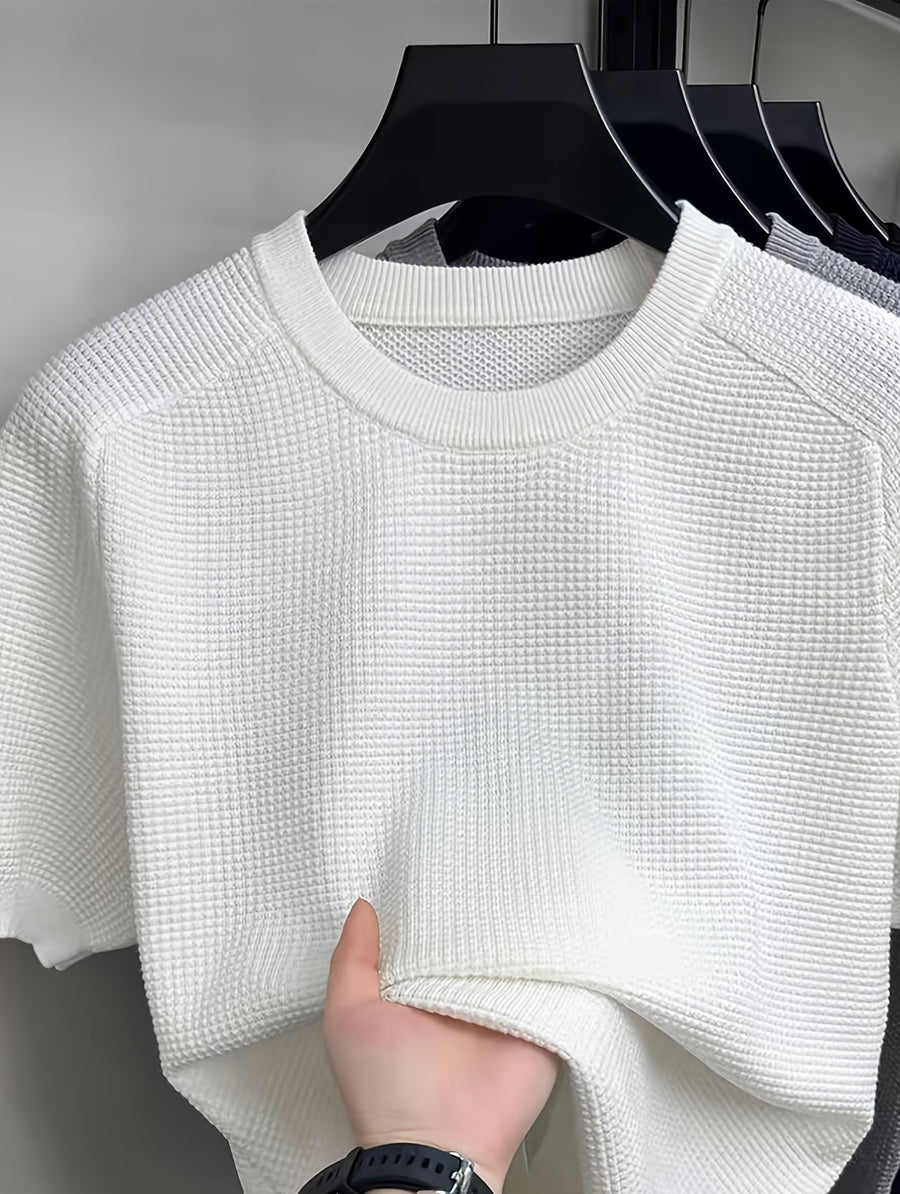 Striped Round Neck Short Sleeve Sweater T-Shirt - Loose Fit Breathable Knit Top, Suitable for All-Season Layering, Casual Blouse for Innerwear or Outerwear, Hand Washable Minimalist Wardrobe Essential - White