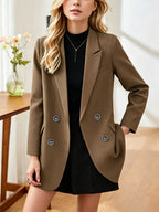 YYTT: QHDZ26036 2026 New Style European and American Style Women's Coffee-Colored Suit Jacket, Made of Draping and Wrinkle-resistant Fabric with a High-end, Crisp, and Structured Texture. Features a Classic Double-breasted Button Design with a Sharp - Olive Brown