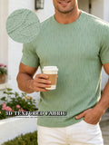 [Villa Le Water OBM] Back to School Season Summer New Men'S Checkered Wavy Texture Short Sleeve T-Shirt Soft Breathable Solid Color Round Neck Casual Commute T-Shirt Old Money Light Mature Style Bean Green Textured All-Match Casual Short Sleeve Top - Pea Green Color
