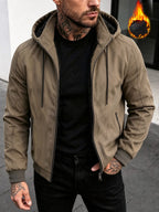 Men's Winter Vintage Trendy Hooded Padded Coat, Street Fashion Jacket, Plush-Lined Thickened Casual Jacket with Detachable Hood, Workwear Top - Khaki