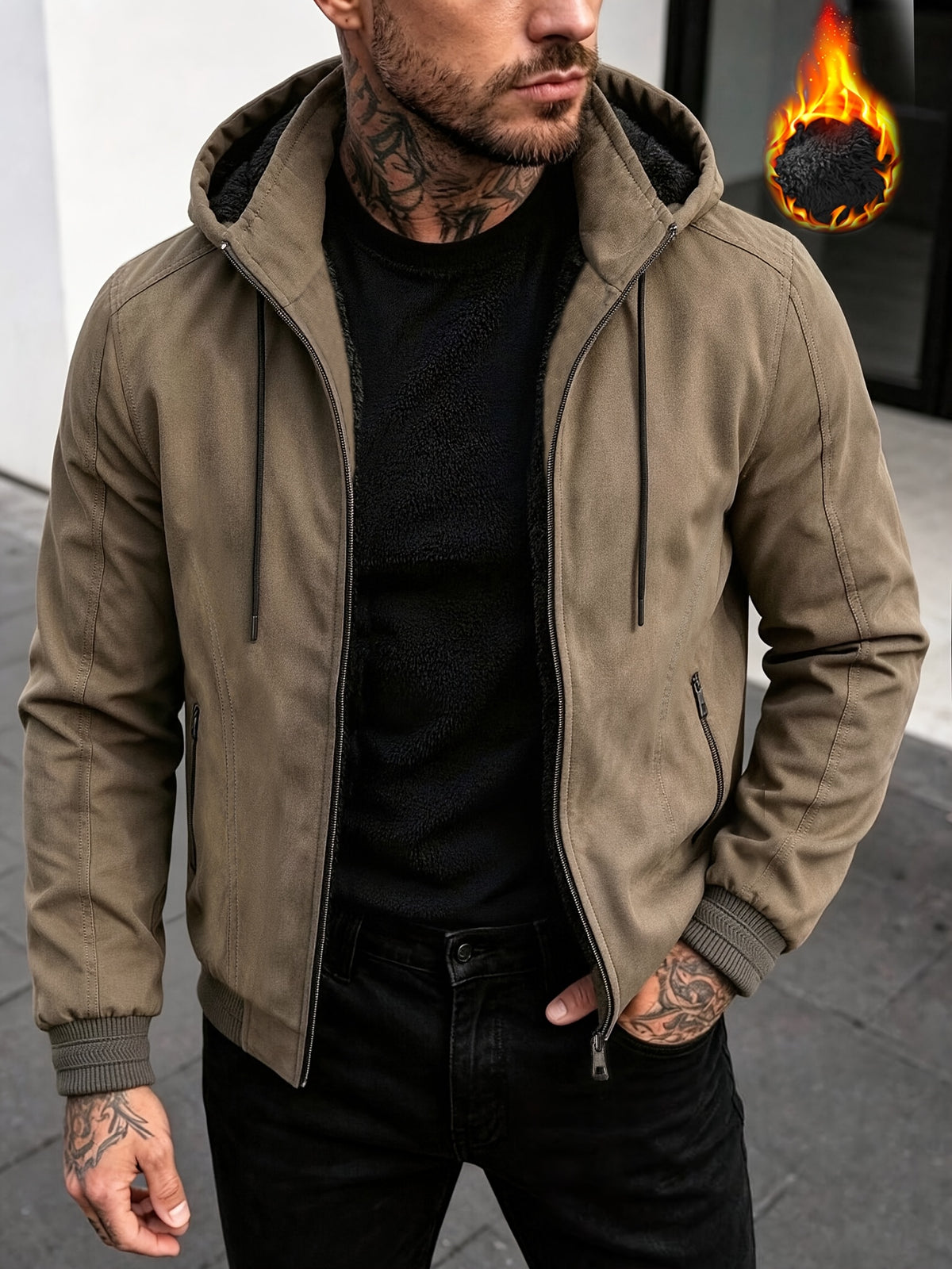 Men's Winter Vintage Trendy Hooded Padded Coat, Street Fashion Jacket, Plush-Lined Thickened Casual Jacket with Detachable Hood, Workwear Top - Khaki
