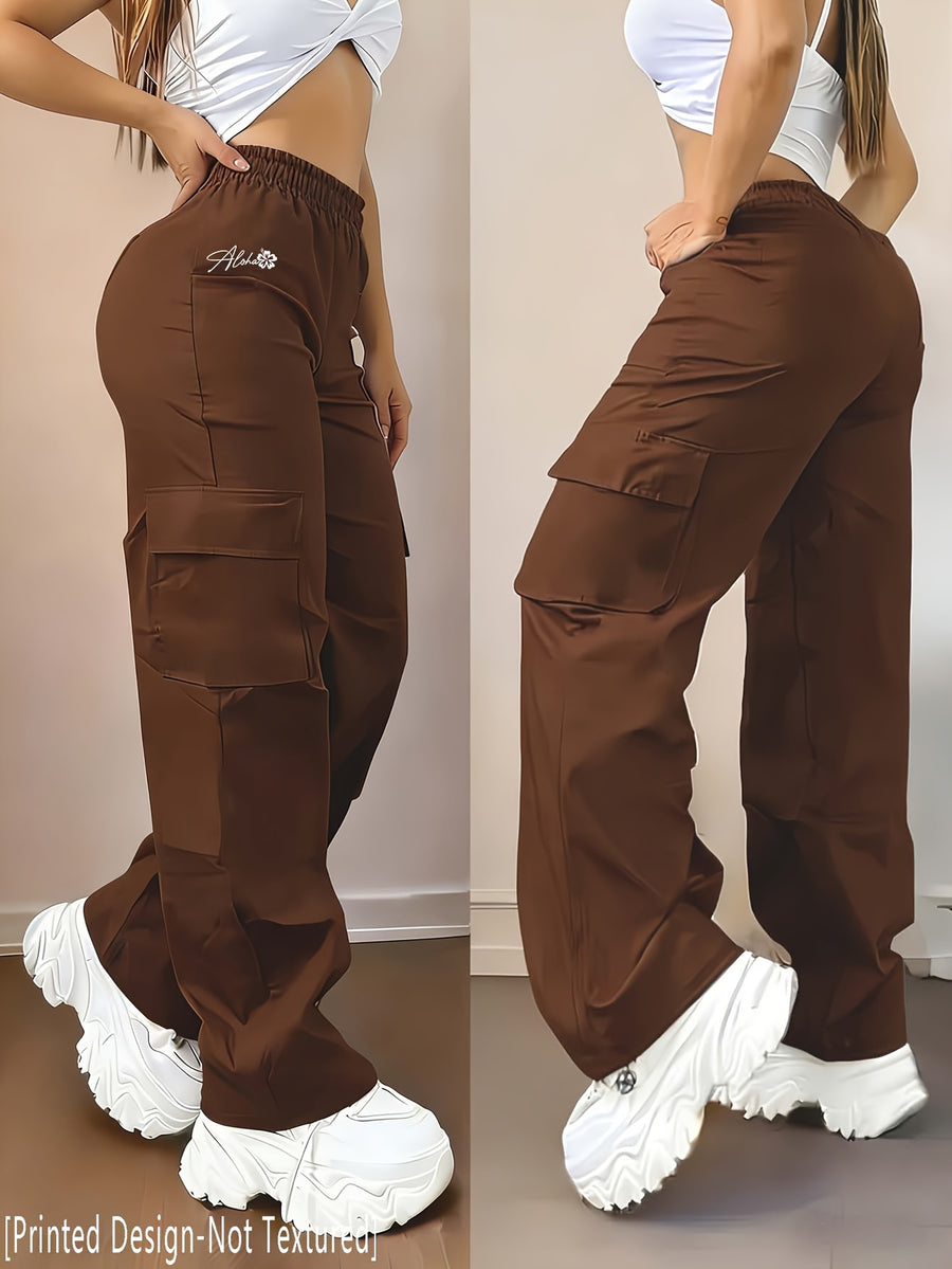 D355- Women'S Casual Pants, Creative Design Floral Print, Fashionable Cargo Pants-Why1526 - Brown