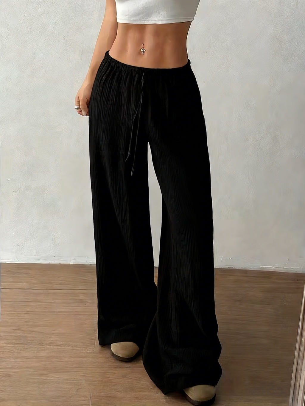 2pcs Set of Women's Elegant Casual Straight-leg Trousers - Black + Khaki