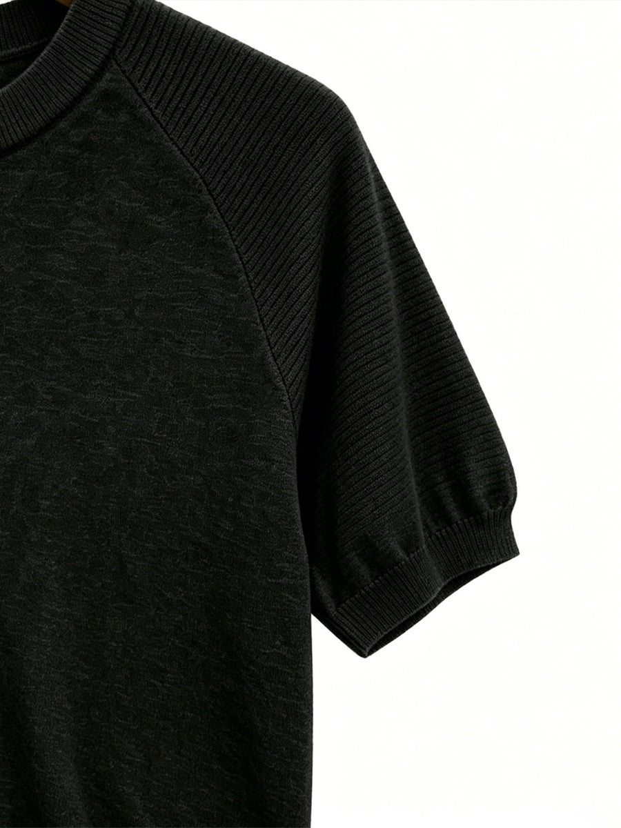 Men's Raglan Short Sleeve Knit Sweater with Simple Little Sun Crew Neck Casual Pullover Top - Black