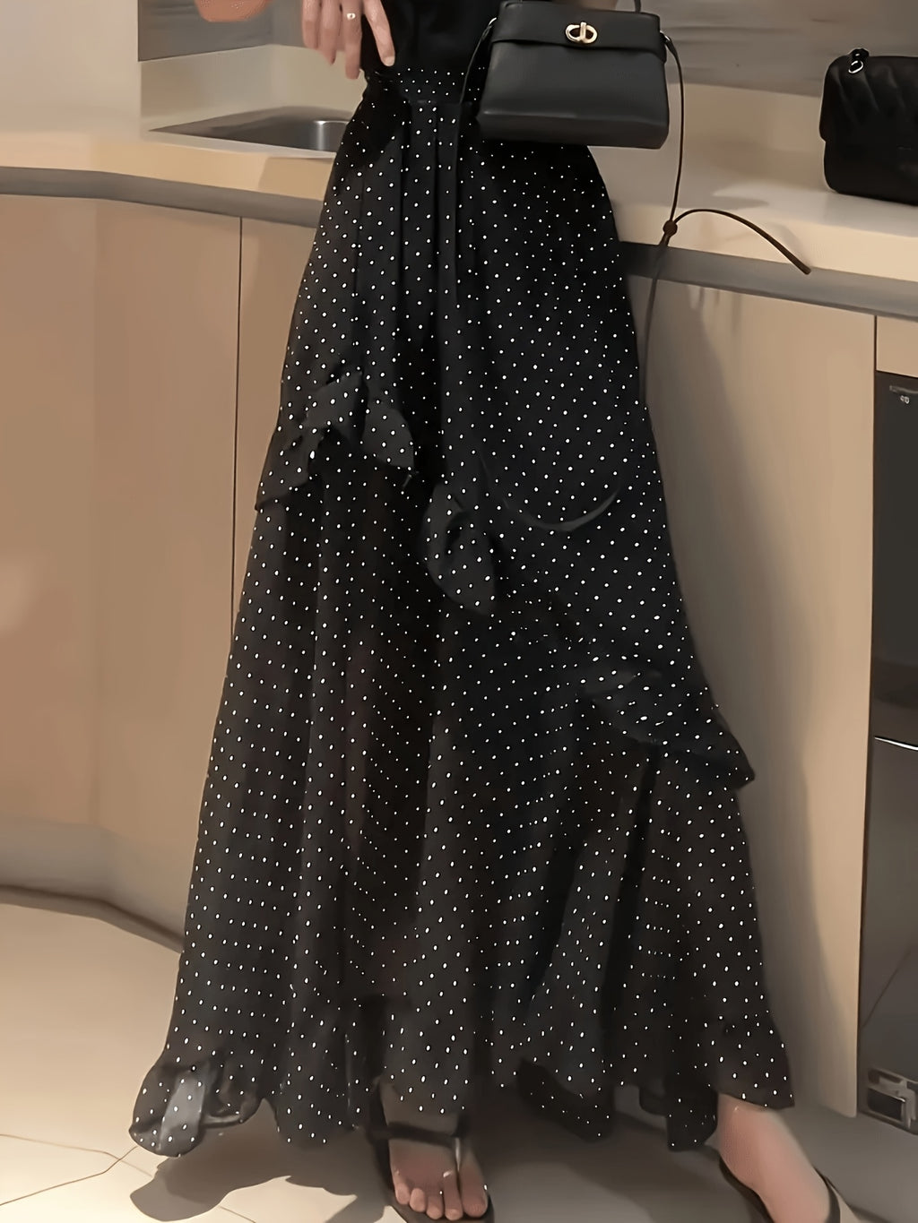 Women' French Vintage High-Waisted Chiffon Skirt with Tie - Polka Dot Half-Length to Maxi Length Hem, Irregular Ruffle Hem Suitable for Commuting,,, Semi-Formal Outfits - Black