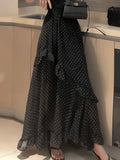 Women' French Vintage High-Waisted Chiffon Skirt with Tie - Polka Dot Half-Length to Maxi Length Hem, Irregular Ruffle Hem Suitable for Commuting,,, Semi-Formal Outfits - Black