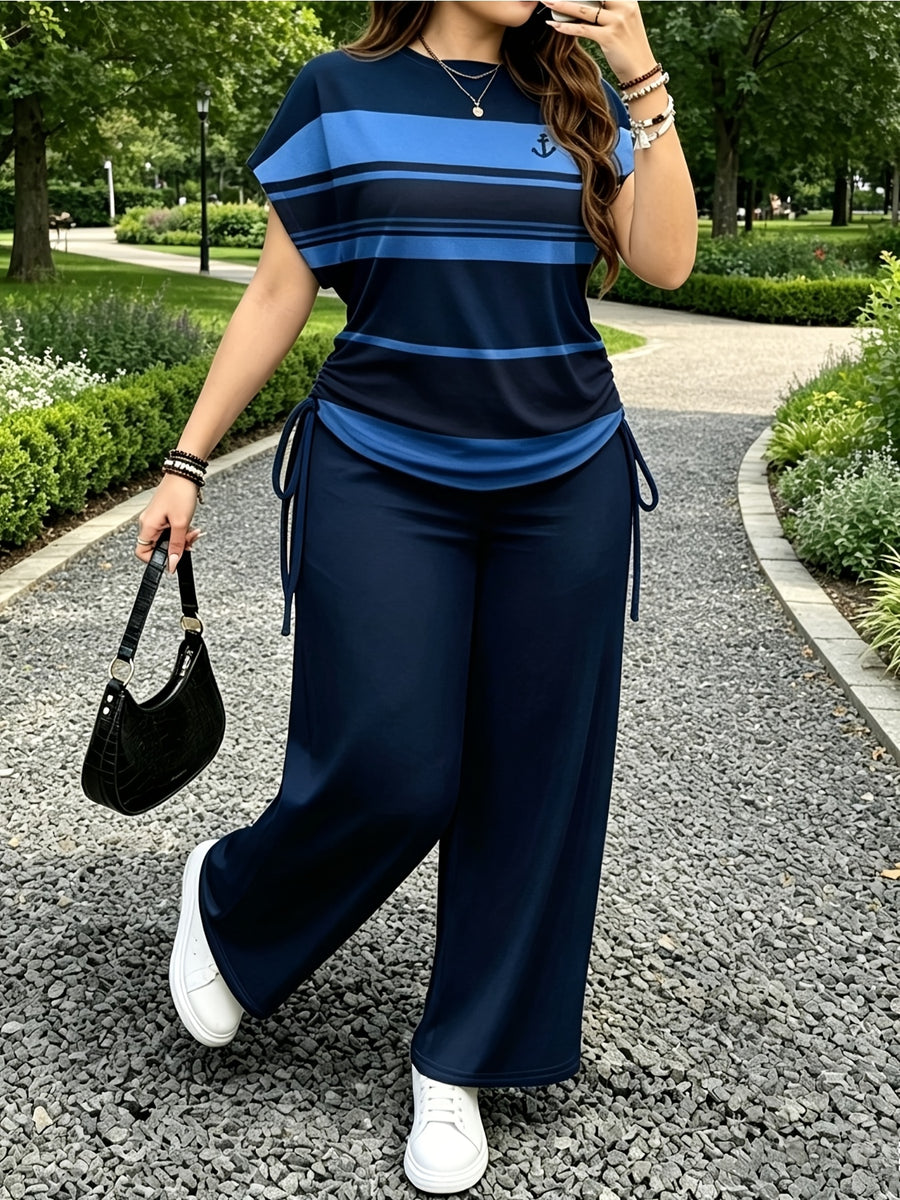 Ladies Two-Piece Set - Casual Minimalist Vacation Style Two-Piece Set - Red And Blue Stripe Design, Suitable for Summer And Autumn Transition Wear, Bow Side Drawstring - Mixed Color 3