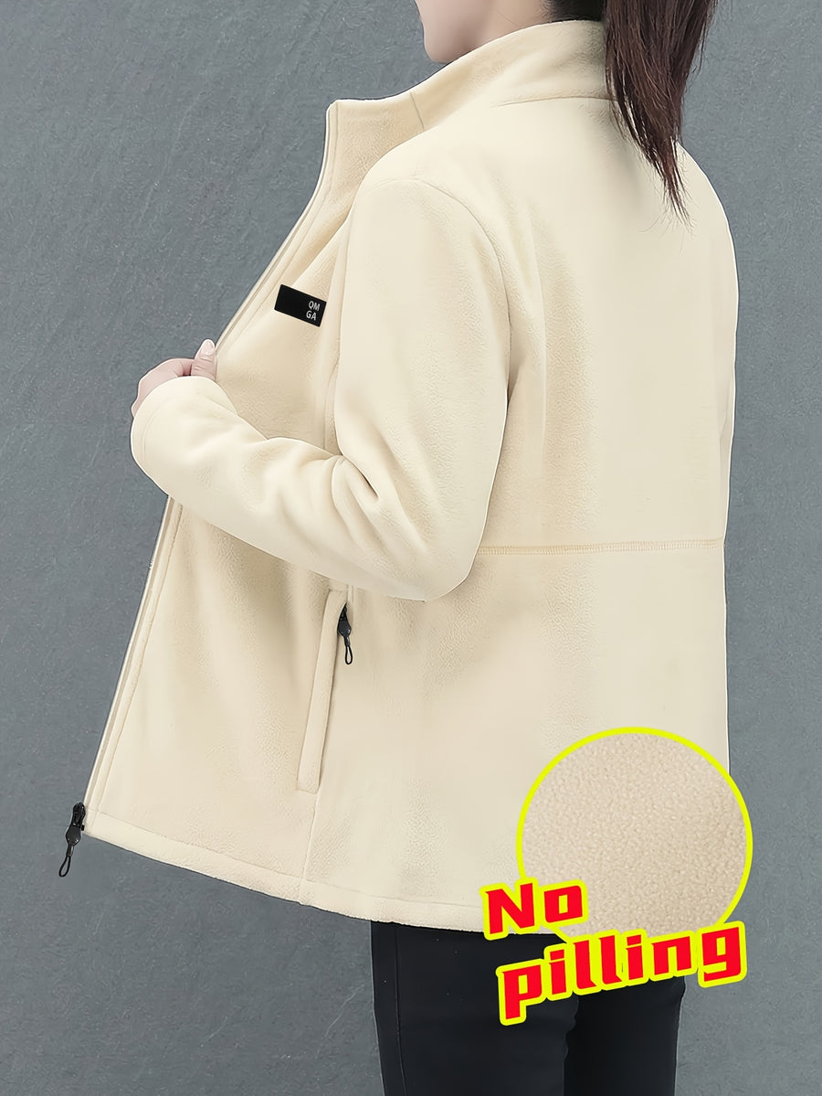 Autumn/Winter Women's Stand Collar Zipper Cardigan, Warm Jacket, Versatile Commuter Outdoor Top - M Beige