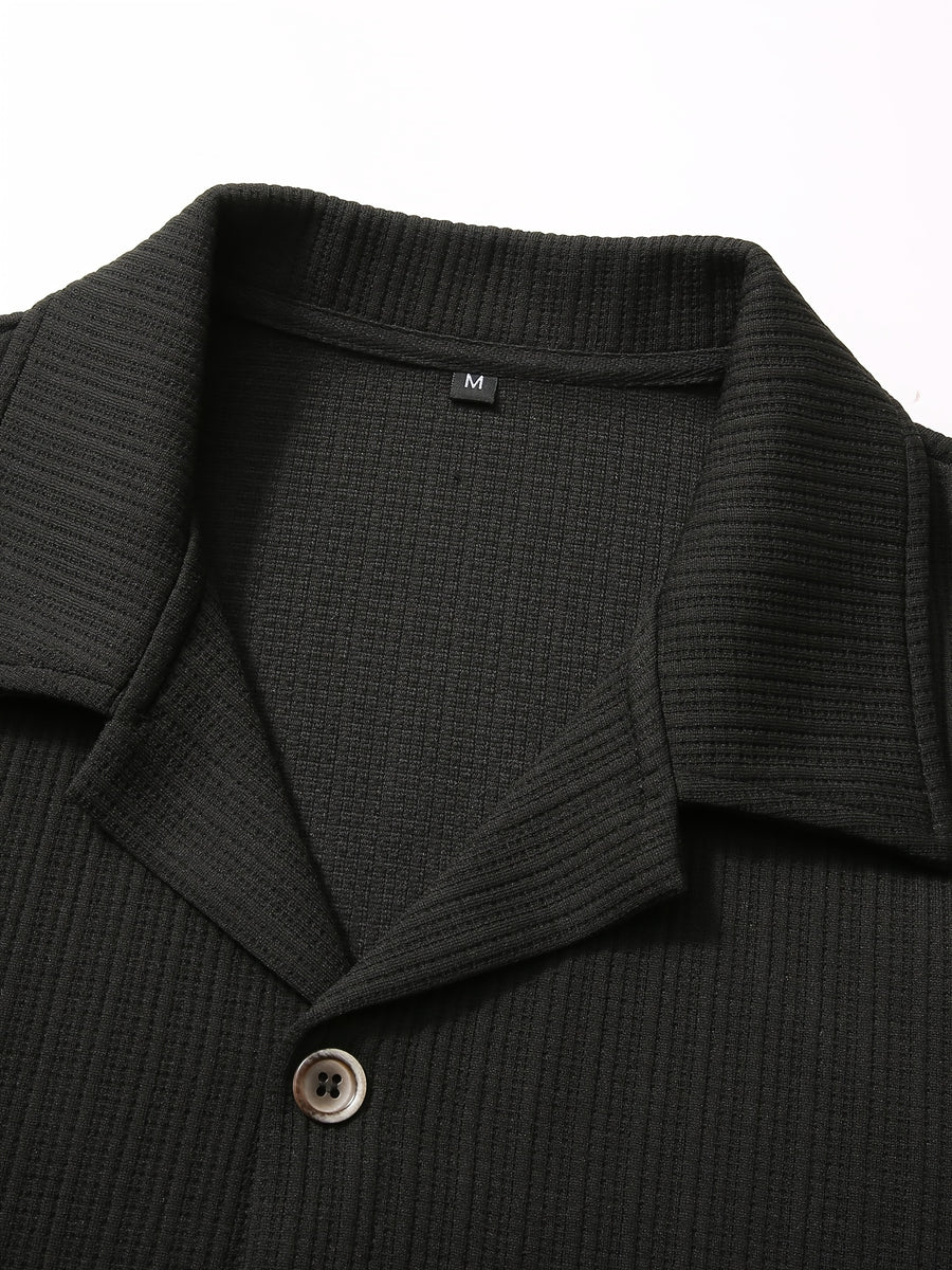 Men's Vintage Lapel Long Sleeve Shirt, Vertical Ribbed Minimalist Solid Knit Top, Versatile Casual Wear - Black