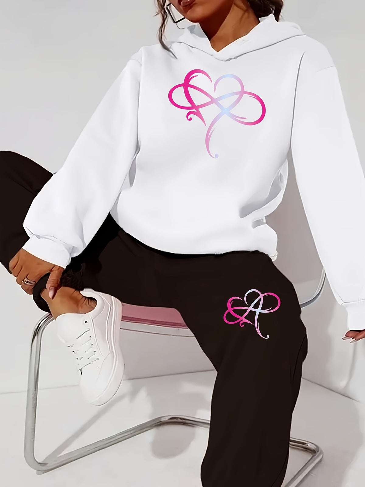 1 Set 2pcs Set Suitable for Autumn Winter Fashion Women'S Elegant Beautiful Y2K Style Gradient Heart Pattern Print Hooded Fleece Sweatshirt And Fleece Long Pants Set Hooded Pullover Long Sleeve Fleece Lined Casual Athletic Top with Fleece Long Pants - White