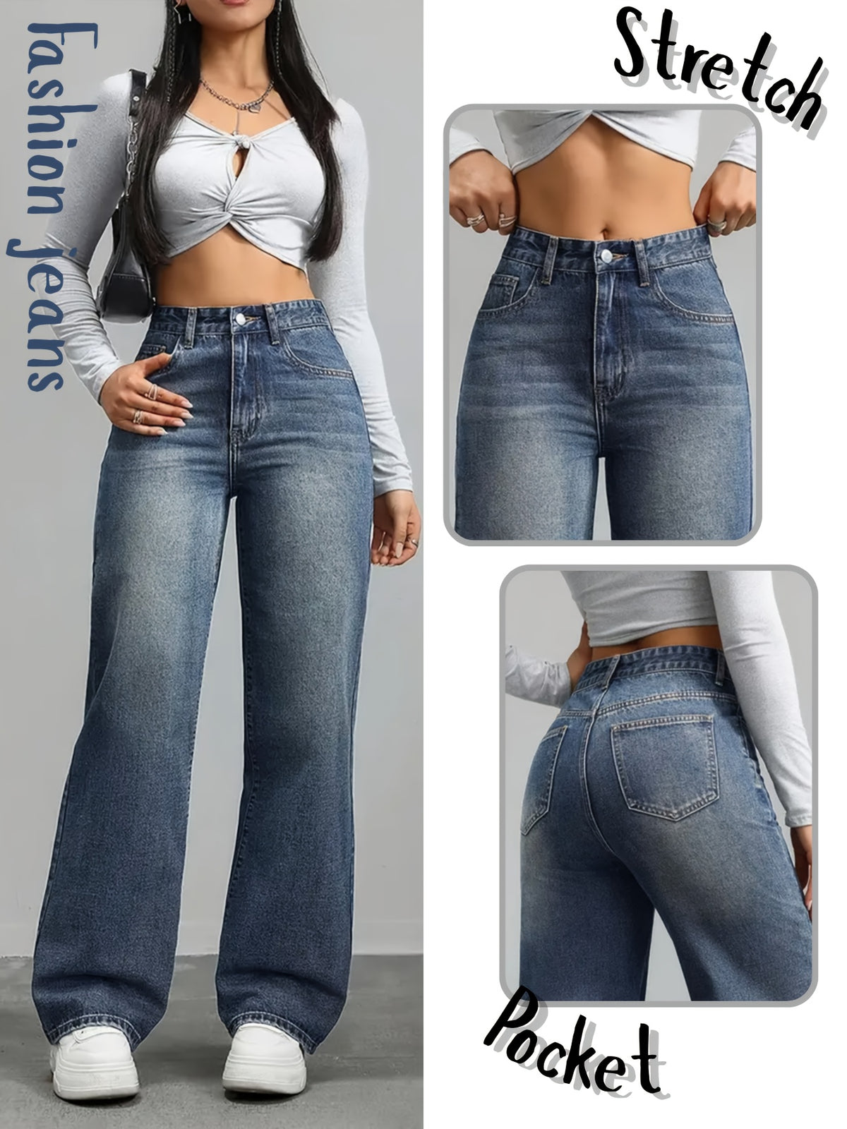 Women'S Stretch And Fashionable Washed Blue Jeans, Versatile And Fashionable Straight Casual Pants, Comfortable Cut, Suitable for Dates, Work, Dinners, Outings, And Slim-Fitting Pants That Can Be Worn All Year Round - Medium Blue