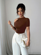 Women's Slim-Fit Fashion Short-Sleeve Top with Front Tie and Metal Buckle Detail - Coffee Brown