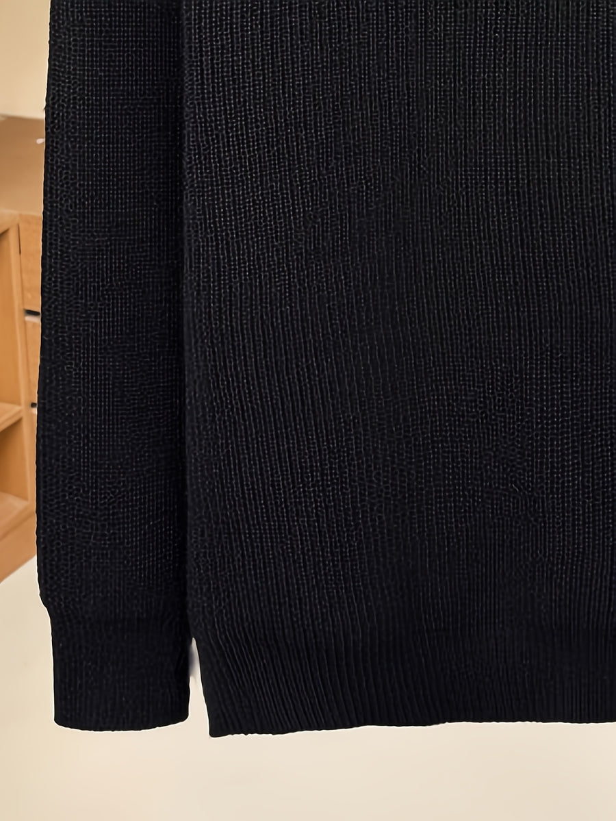 Autumn Winter Men'S V-Neck Small Revers Sweater Heavyweight Knit Fabric Dark Green Brown Black Three-Color Business Casual Pullover - Black