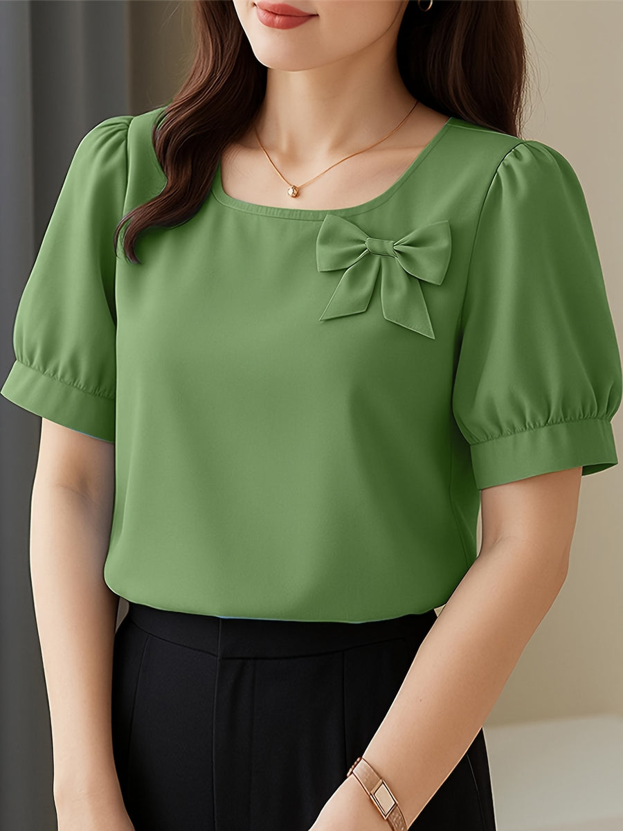 Elegant Casual Square Neck Short Sleeve Shirt with Bow and Puff Sleeves, Solid Color Top - Green