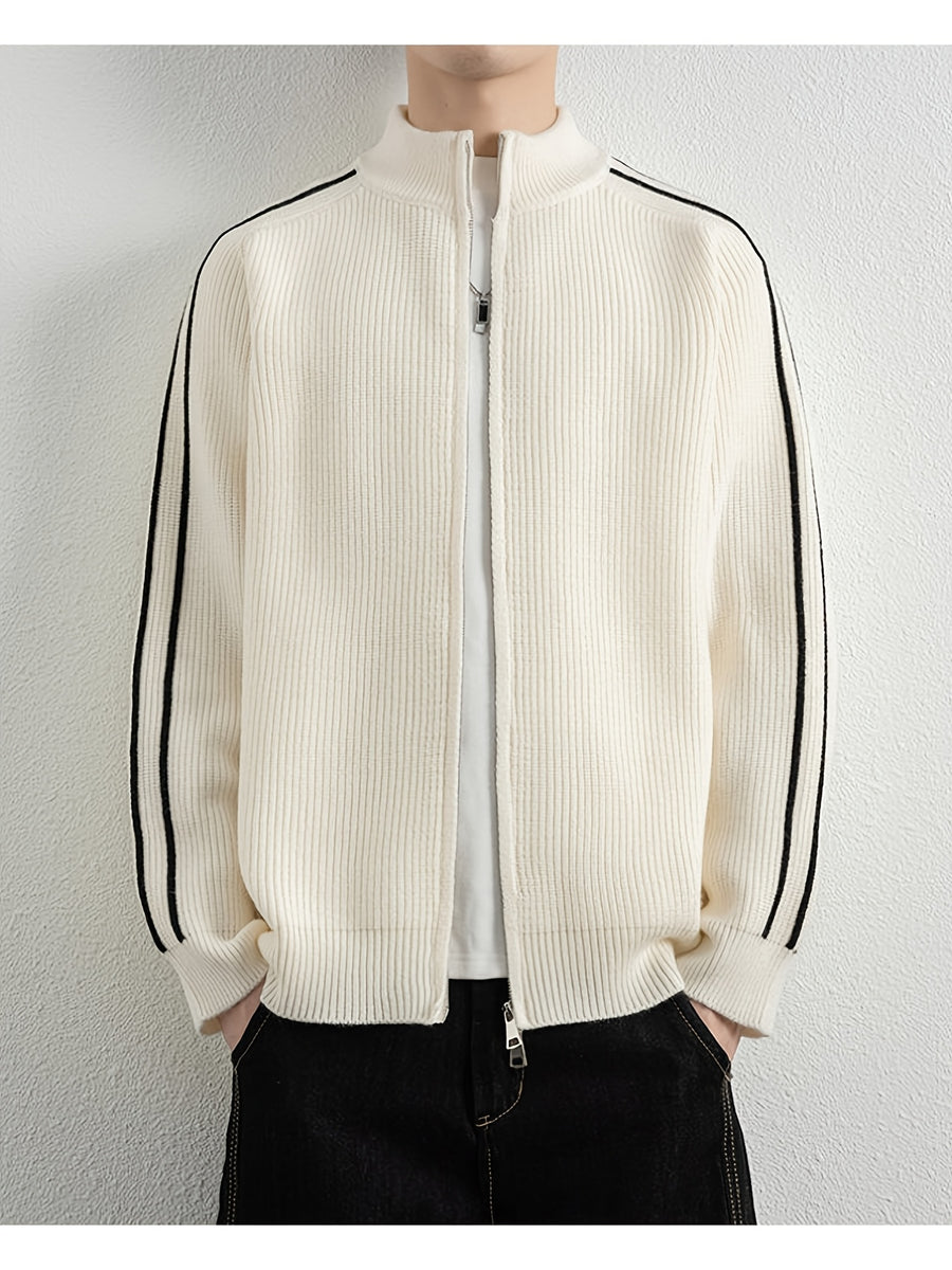 [Wading Whale OBM] Spring/Autumn New Men'S Knit Cardigan, Old Money Style Color-Block Striped Zipper Front Stand Collar Cardigan for Men, Business Casual Fashion Knitwear, Suitable for Spring, Autumn, Winter Layering Or Outerwear, Fits Daily Casual - White