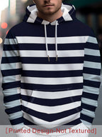 Men'S Navy White Horizontal Stripe Classic Hoodie, Contrast Stripe All-Over Print Long Sleeve Sweatshirt, Drawstring Design with Front Kangaroo Pocket, American Retro Seaside Style Casual Wear, Easy Basic Versatile Style, Relaxed Drop Shoulder Fit - Mixed colors
