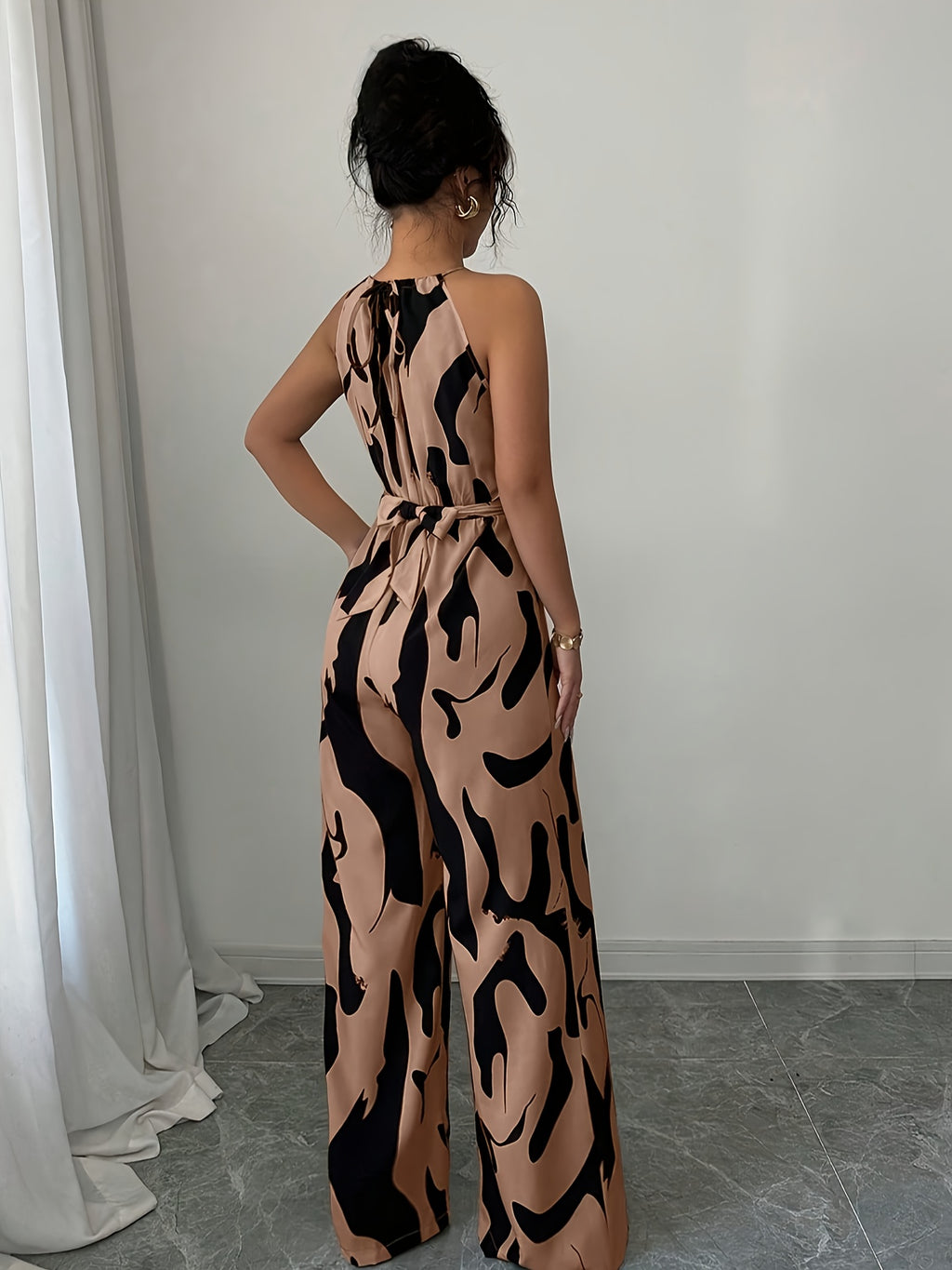 Women'S Printed Cinched Waist Jumpsuit, Elegant Holiday And Casual Wear with Halter Neckline - Coffee Color