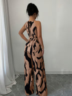 Women'S Printed Cinched Waist Jumpsuit, Elegant Holiday And Casual Wear with Halter Neckline - Coffee Color
