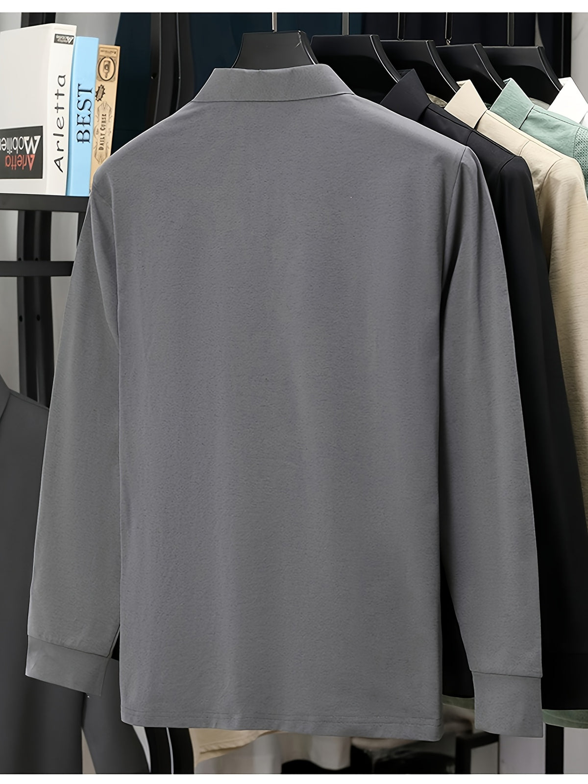 Men'S Lapel Long Sleeve Polo Shirt, Shoulder Mesh Texture Patchwork, Solid Color Minimalist Clean Cut Top, Office Commute, Outing Fishing, Home Casual Loose Men'S Long Sleeve T-Shirt - Grey