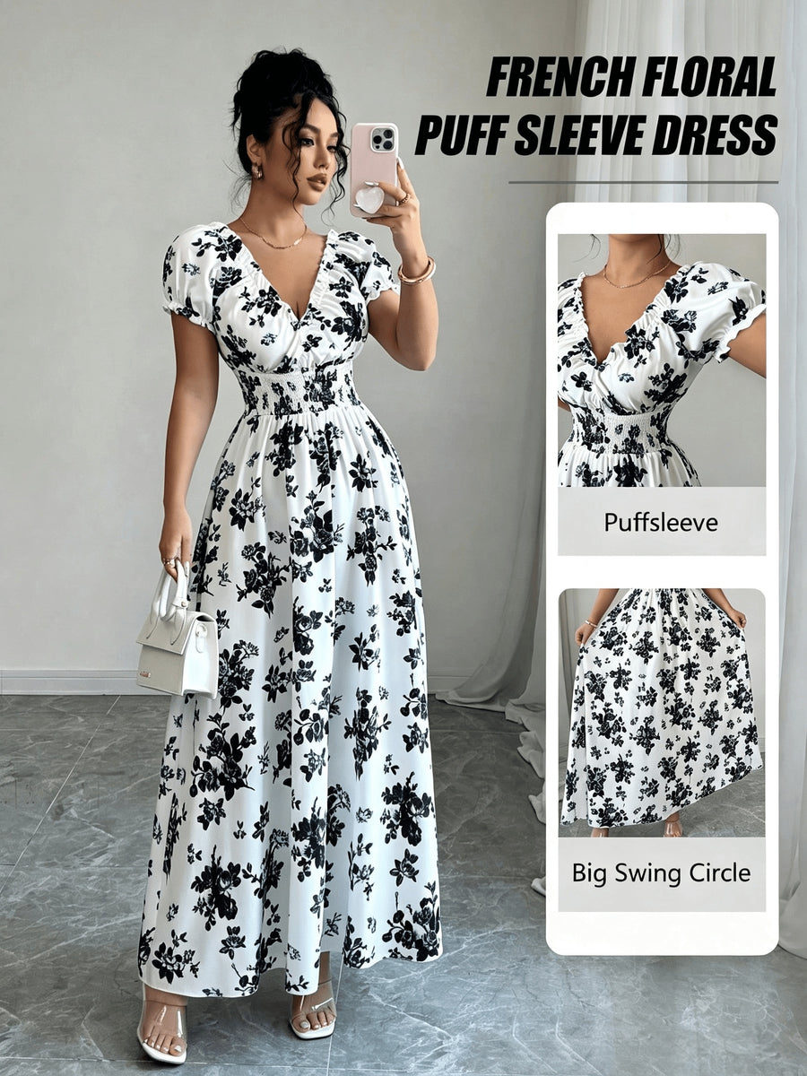 V-neck Ruffle Design, Floral Print Fabric, Elastic Waist Slim-Fit Short Sleeve Women's Dress, Elegant Party Wear, Date Night - Black Flowers