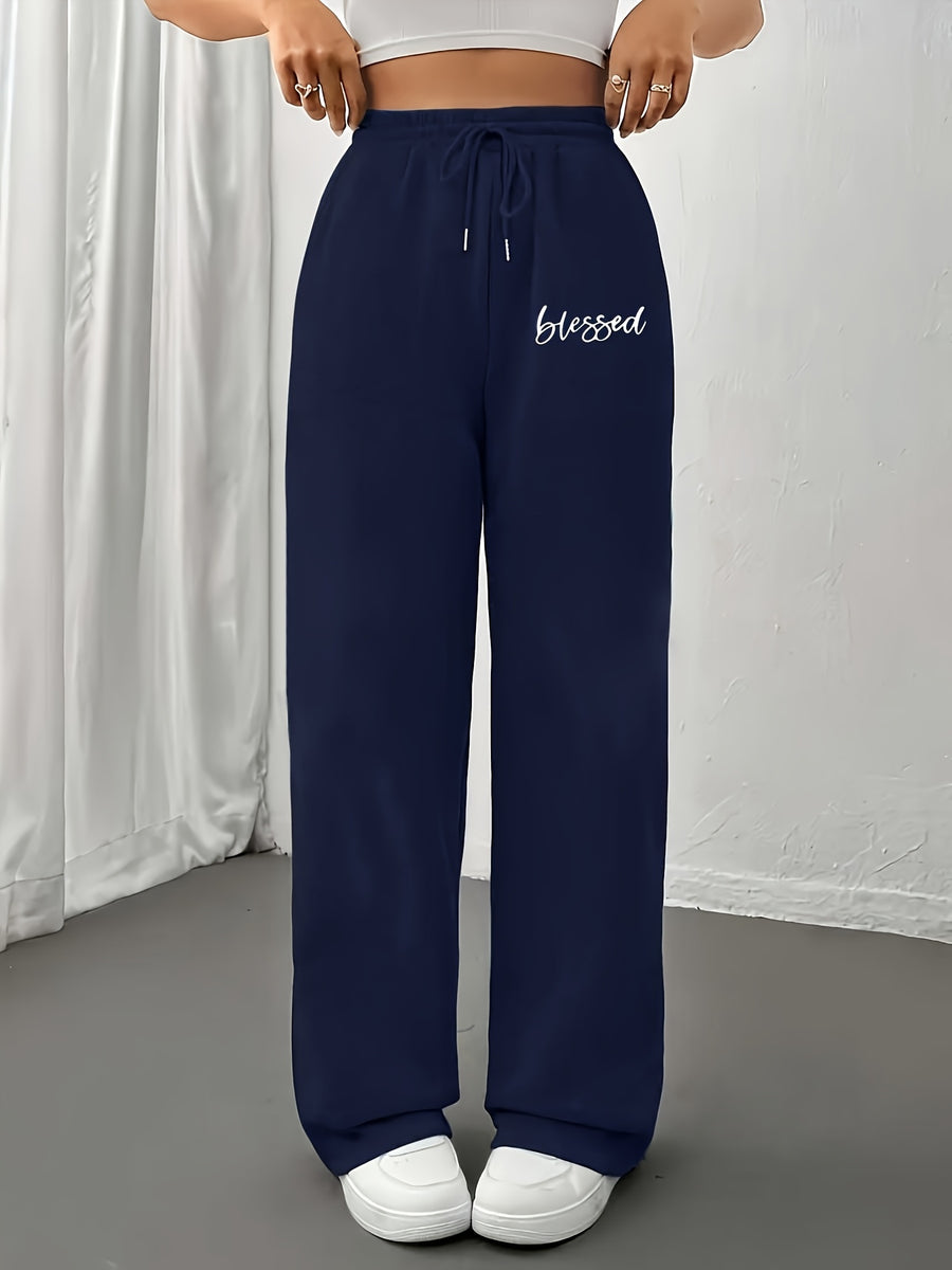 Women's Casual Jogger Pants with Drawstring Waist & Elastic Cuffs - All-Season Comfort Polyester, Trendy Geometric Print Straight-Leg Design for Workouts & Casual Attire, Jogging Pants - Navy Color