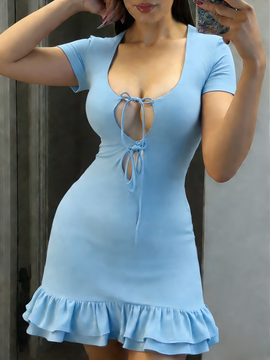 Summer Western Cross-Border New Women'S Chest Tie-String Hollow Sexy Fashion Ruffled Women'S Dress - Light Blue