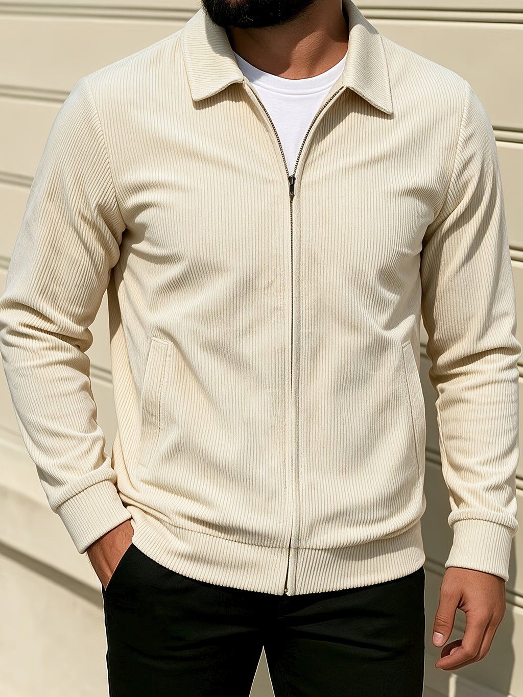 [Pearson OBM] Spring/Autumn New Men'S Solid Color Fashion Corduroy Jacket, Suitable for Outdoor Leisure Activities And Daily Work Commute - Off-white