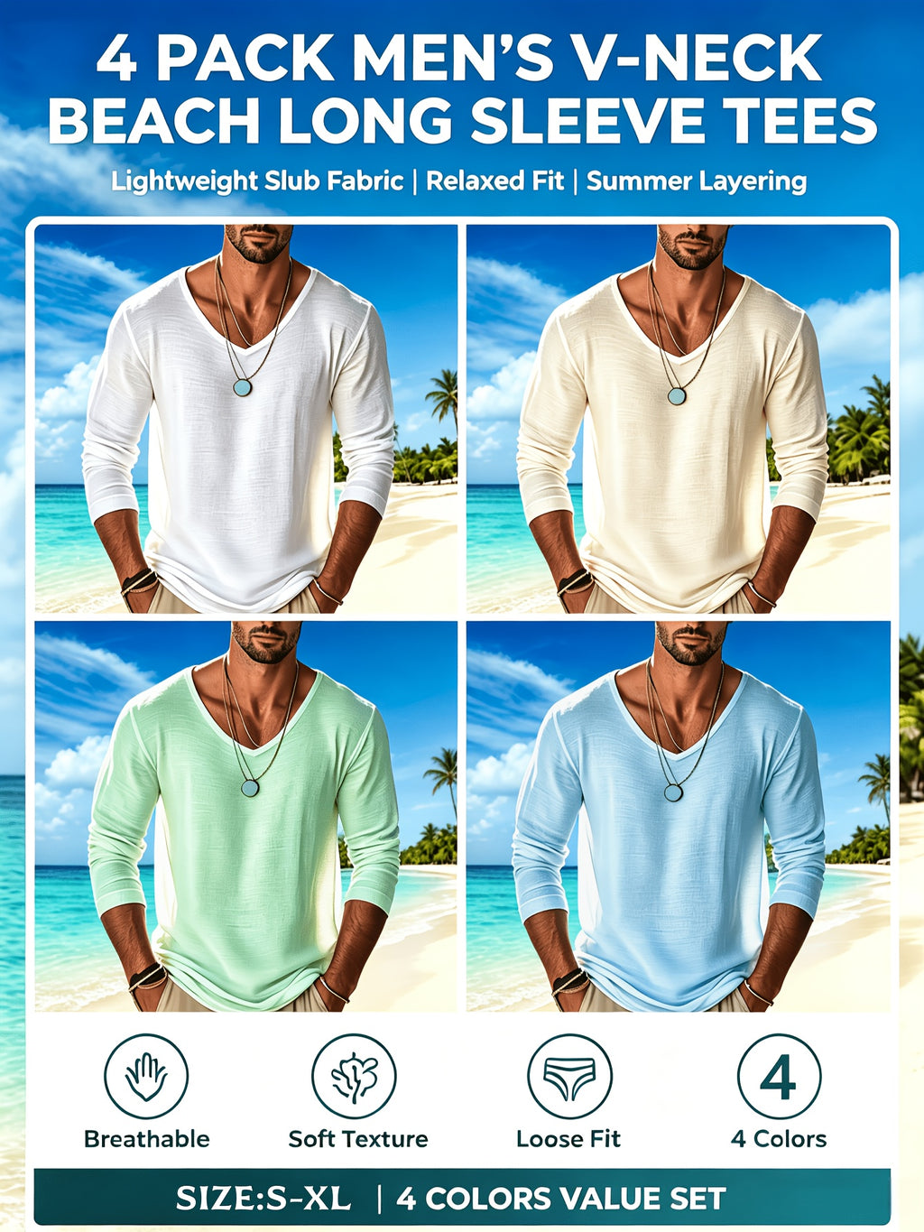 4pcs Set Men's Spring/autumn High-stretch Slim-fit Lightweight Comfortable Breathable Solid Color Long-sleeve Vacation-style Top - Apricot + Blue + Green + White