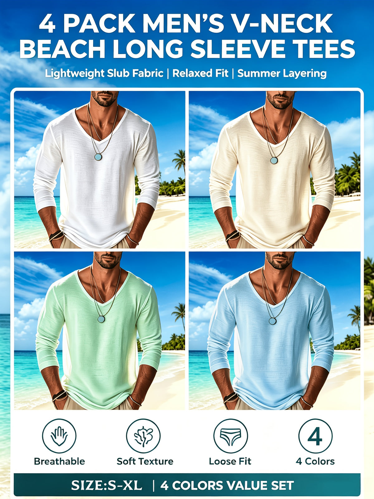 4pcs Set Men's Spring/autumn High-stretch Slim-fit Lightweight Comfortable Breathable Solid Color Long-sleeve Vacation-style Top - Apricot + Blue + Green + White