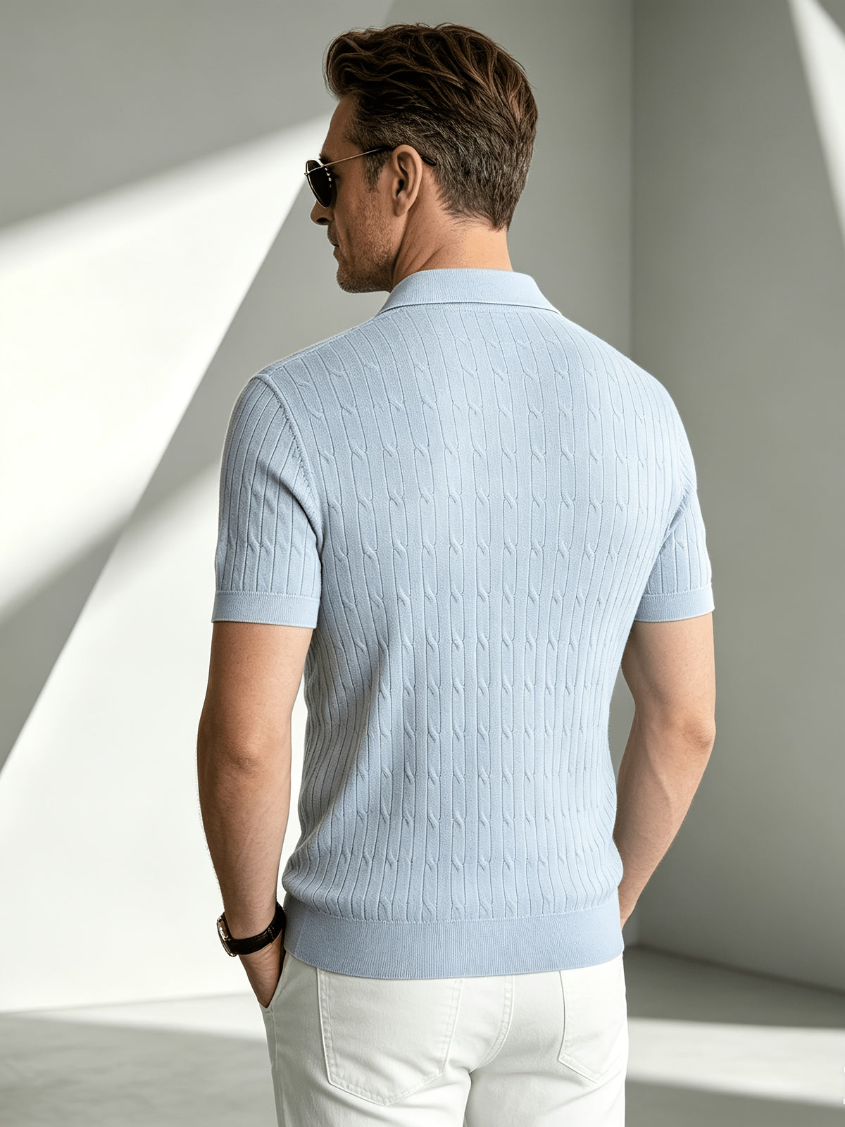 Business-mature Casual Men's Vertical Stripe Twisted Cable Knit Lapel Short-sleeve Polo Shirt, Slim-fit Lightweight Breathable Knit Top, Suitable for Daily, Office, and Weekend Outings in Summer - Sky Blue