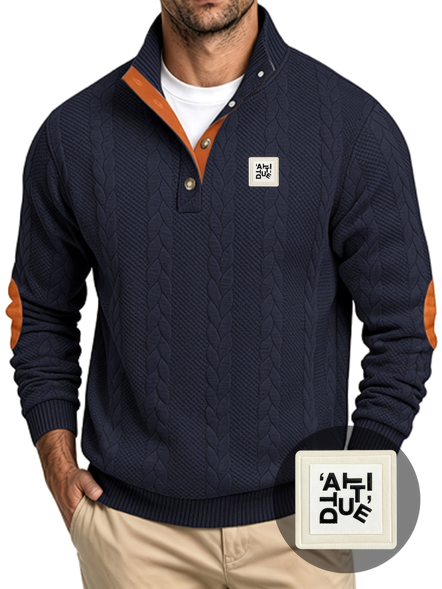 Men'S Casual Long Sleeve Knit Sweater, Textured Cable And Diamond Pattern, Stand Collar with Button Placket, Contrast Elbow Patch Details, Ribbed Cuffs And Hem, Ideal for Fall Winter Work, Travel, Golf And Daily Wear - Navy Color
