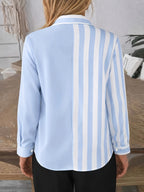 Fashion Women'S Clothing, Striped Lapel Shirt, Women'S Long Sleeve Striped Pocket Commuter Temperament Top - Light Blue