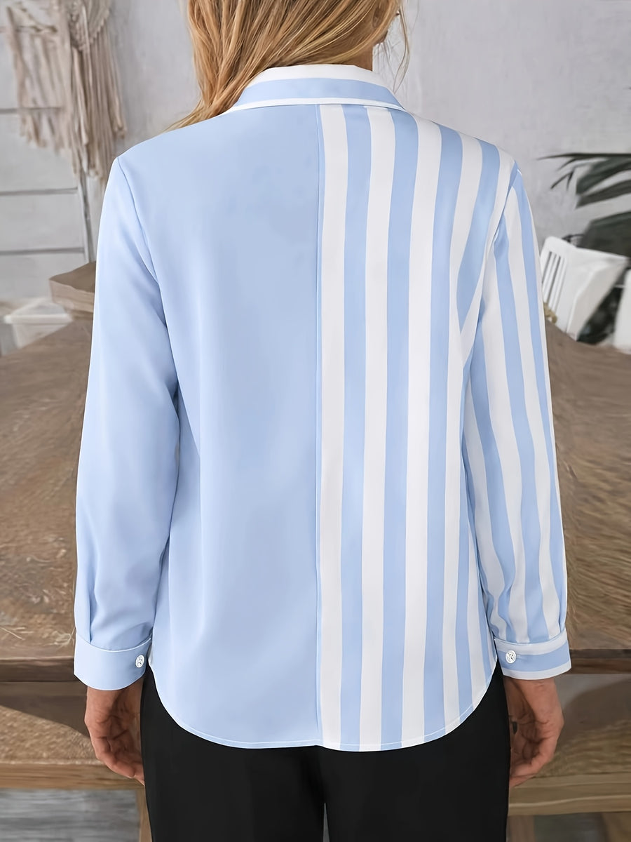 Fashion Women'S Clothing, Striped Lapel Shirt, Women'S Long Sleeve Striped Pocket Commuter Temperament Top - Light Blue