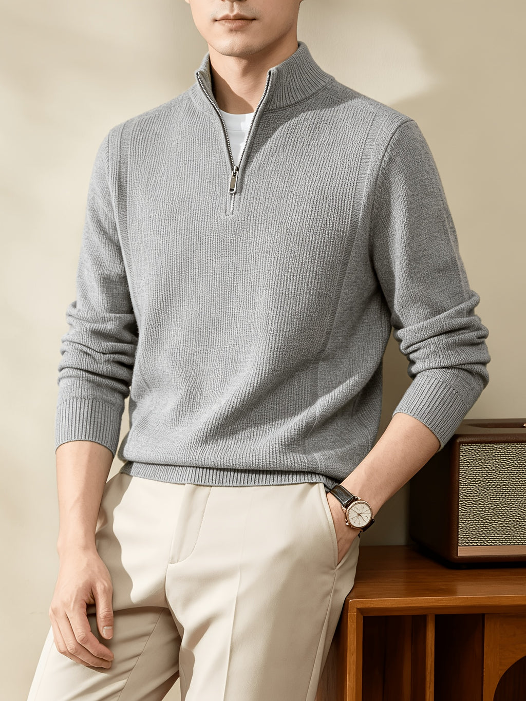 Du Jing Lan OBM Spring/Autumn New Arrival Men's Knitted Pullover, Old Money Style Solid Color Half-Open Placket Stand Collar Long Sleeve Knitted Pullover, Men's Business Casual Fashion Ribbed Sweater, Suitable for Layering or Wearing as an Inner - Light Grey