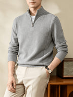Du Jing Lan OBM Spring/Autumn New Arrival Men's Knitted Pullover, Old Money Style Solid Color Half-Open Placket Stand Collar Long Sleeve Knitted Pullover, Men's Business Casual Fashion Ribbed Sweater, Suitable for Layering or Wearing as an Inner - Light Grey