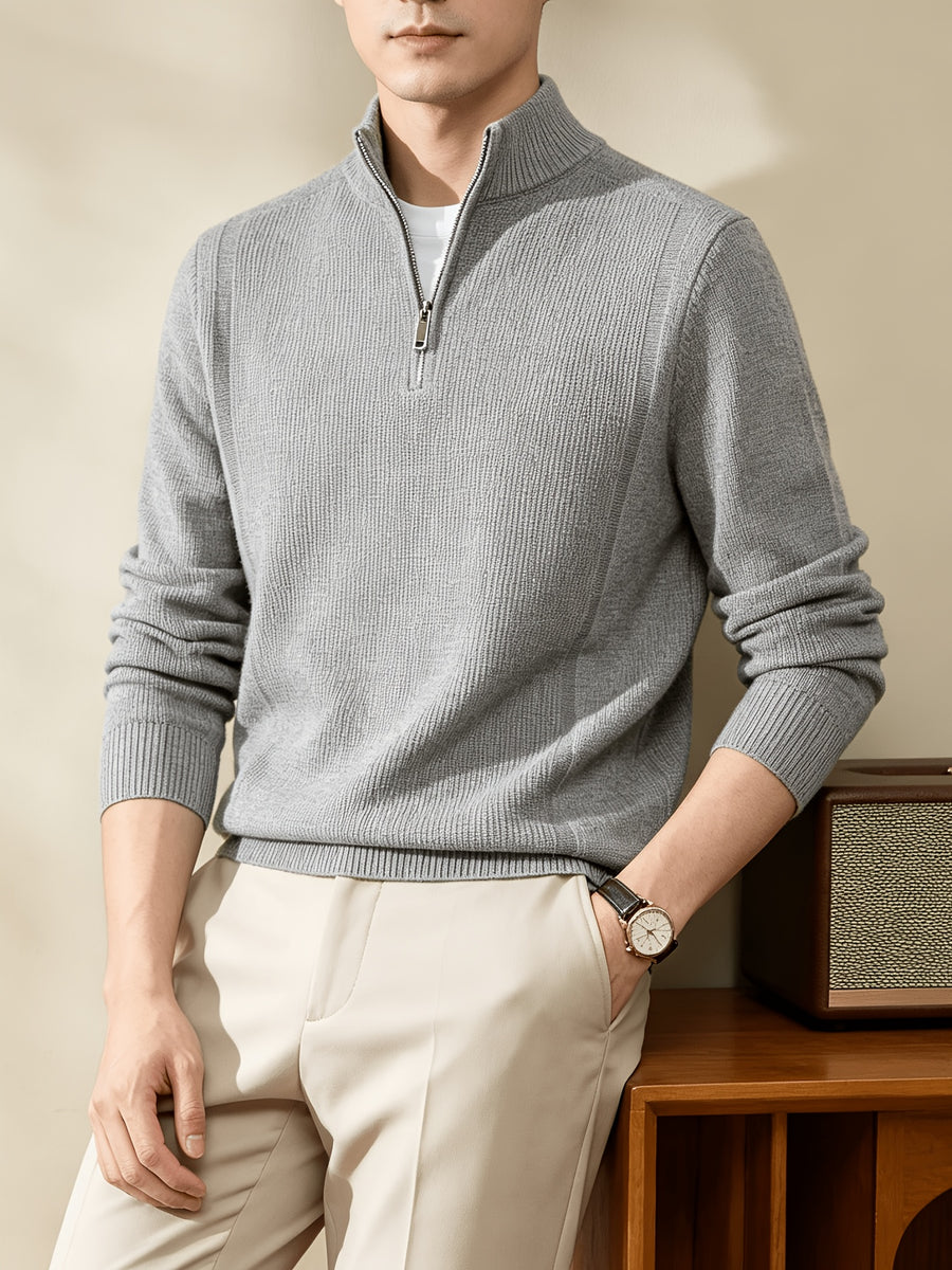 Du Jing Lan OBM Spring/Autumn New Arrival Men's Knitted Pullover, Old Money Style Solid Color Half-Open Placket Stand Collar Long Sleeve Knitted Pullover, Men's Business Casual Fashion Ribbed Sweater, Suitable for Layering or Wearing as an Inner - Light Grey