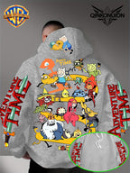 Warner Official Men's Hoodie, Adventure Treasure Full Character Gathering Adventure Print Design, Machine Washable, Warm and Casual for Autumn and Winter, Daily Drawstring Hoodie, Multifunctional Sports and Casual Loose Fit - Light Grey